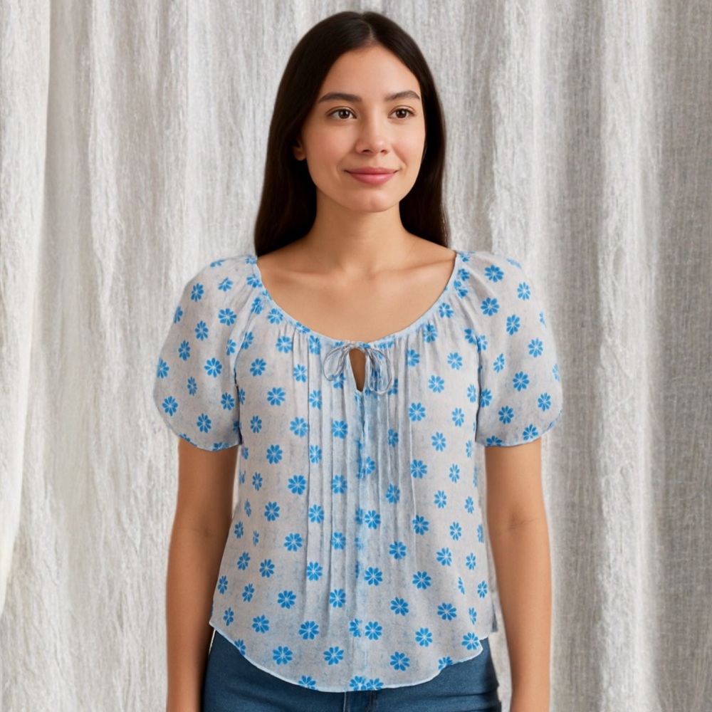 Abercrombie & Fitch Blue Floral Puff Sleeve Pleated Tie Front Semi Sheer XS Top